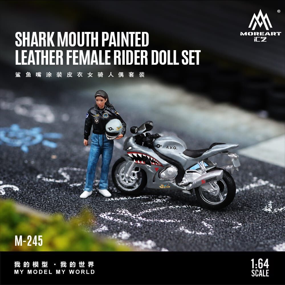 PO-$140 * MOREART * 1:64 FIGURE - SHARK MOUTH PAINTED LEATHER FEMALE RIDER DOLL SET