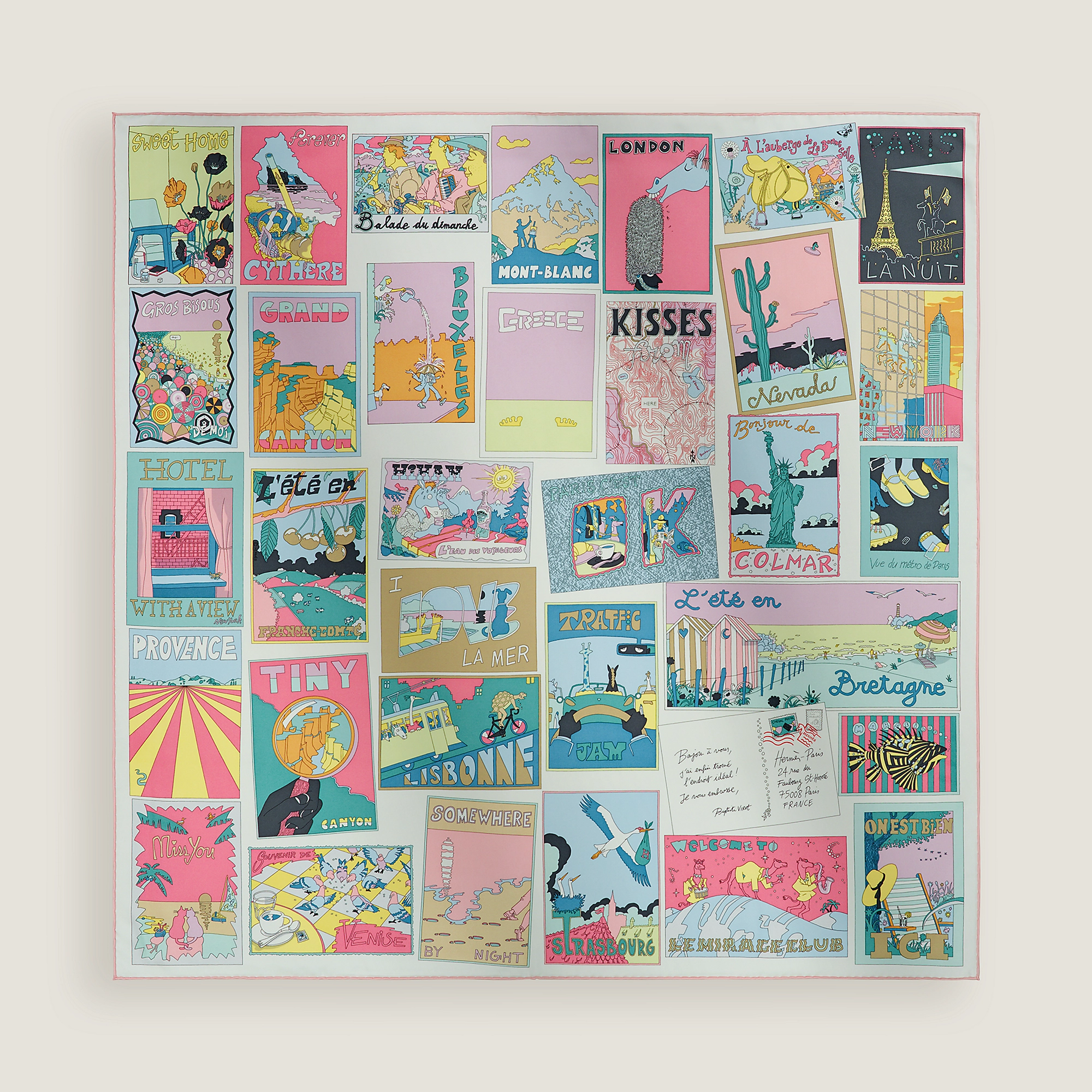 HERMES On Est Bien Ici ! Scarf 90 rose / vert / jaune soufre