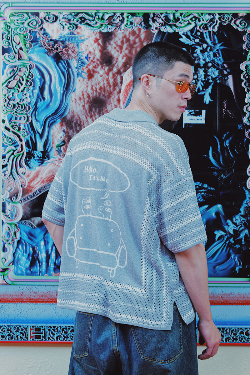 [Ueno Kosei] Hello, It's Me. Mesh Knit Shirt Light Grey