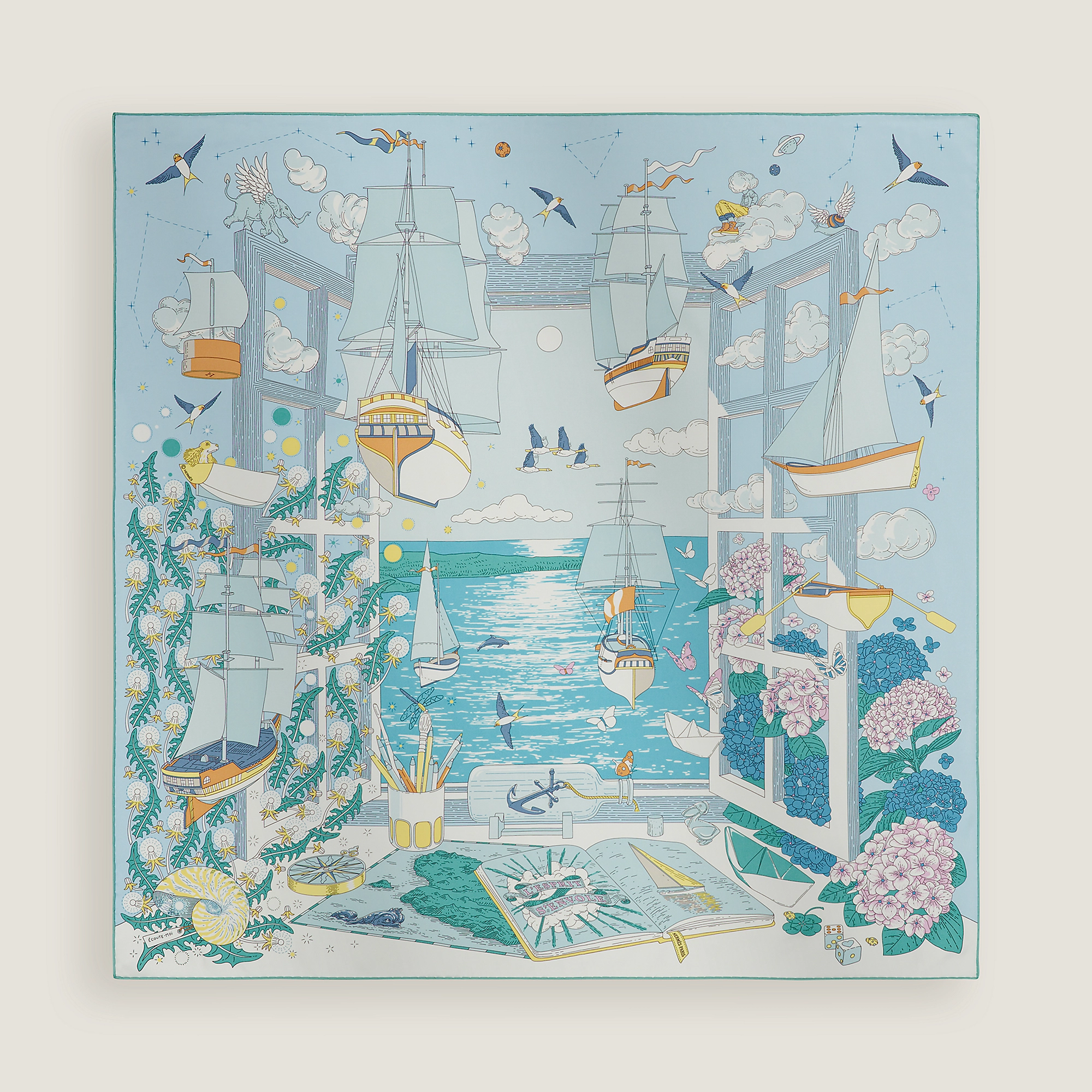 HERMES L'Esprit s'Envole scarf 90 bleu ciel / aqua / jaune