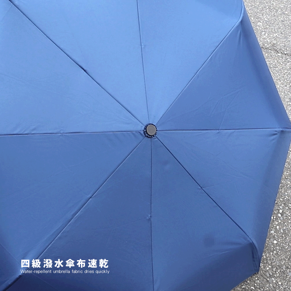 雨天實測深藍色抗風摺疊傘的防潑水效果,四級潑水傘布速乾 Water-repellent umbrella fabric dries quickly,雨傘防雨速乾