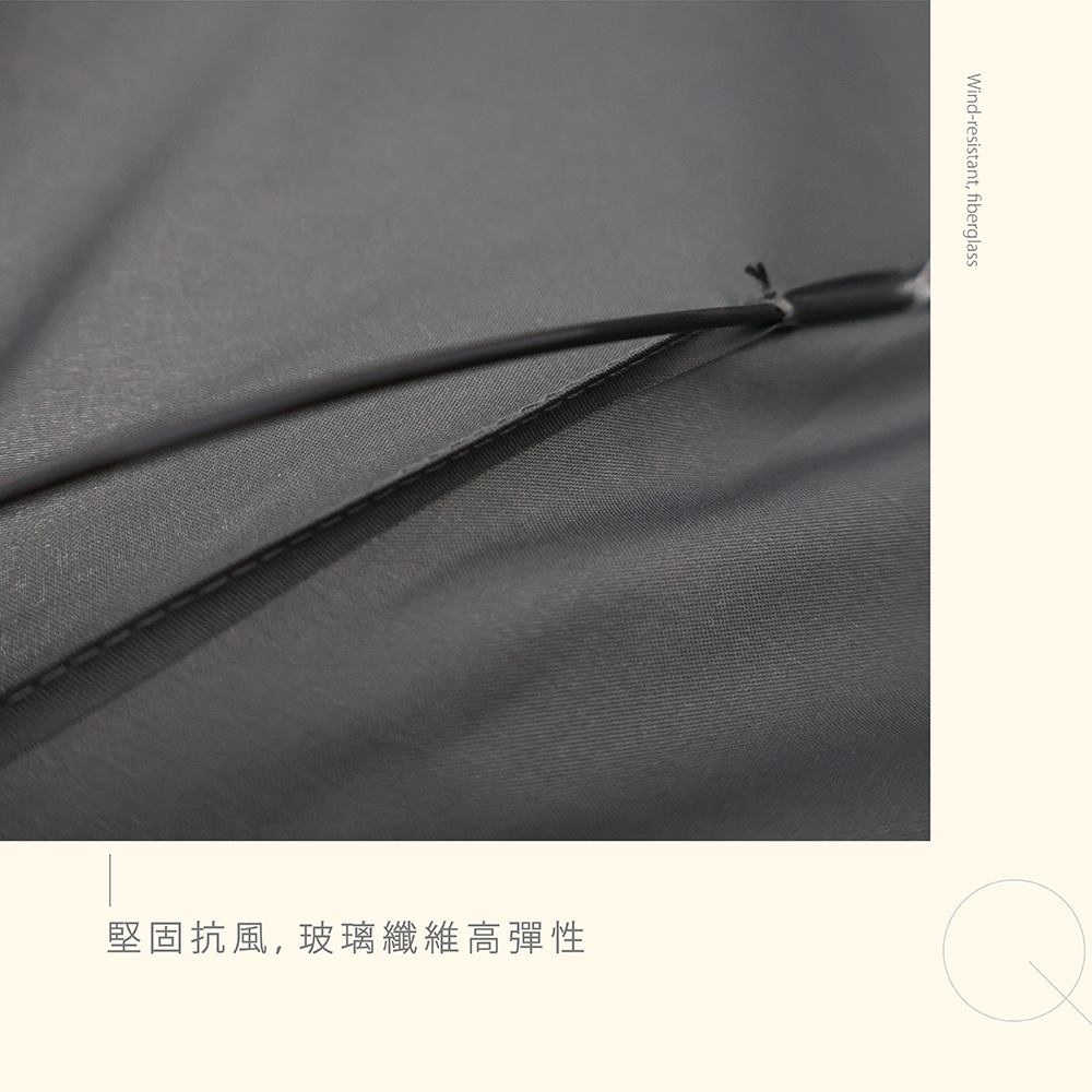 摺疊傘傘骨高彈性玻璃纖維傘骨細節,堅固抗風,玻璃纖維高彈性」Wind-resistant, fiberglass。