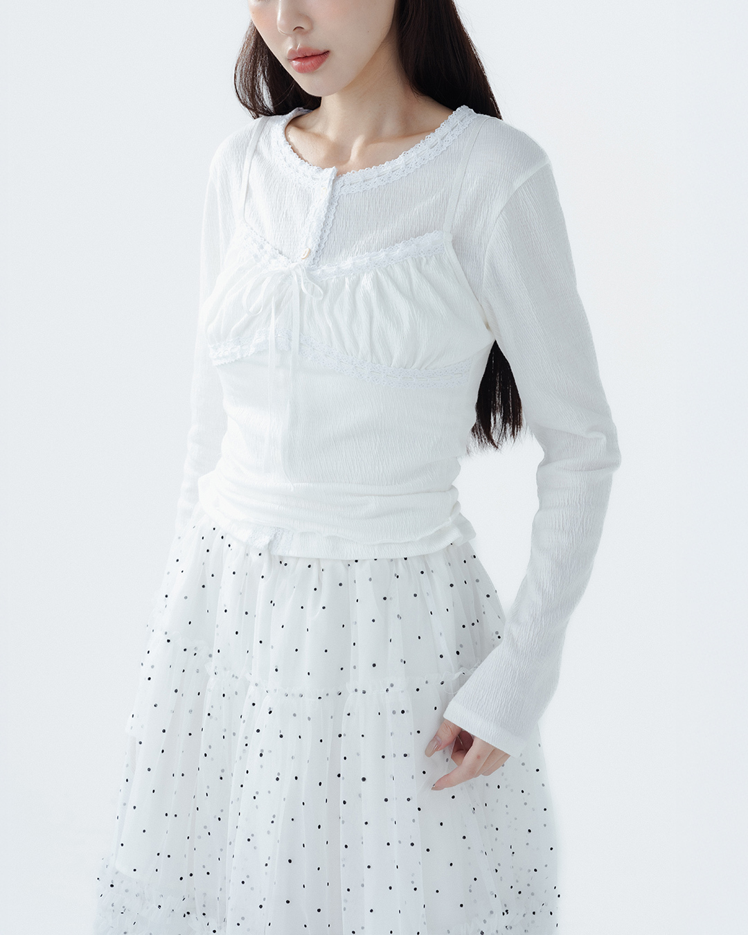 Lace button-down long-sleeved vest two-piece top, available in two colors.【01099737】in stock+pre-order