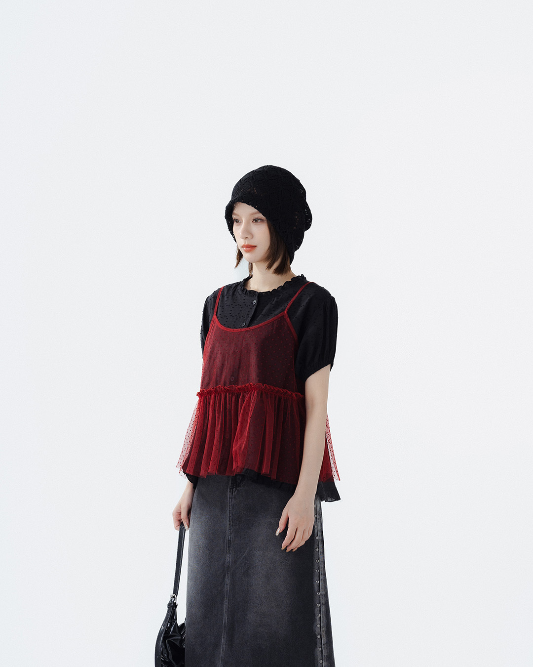 3D Flocked Dotted Ruffled Mesh Vest - Red S/M【01099708】in stock+pre-order