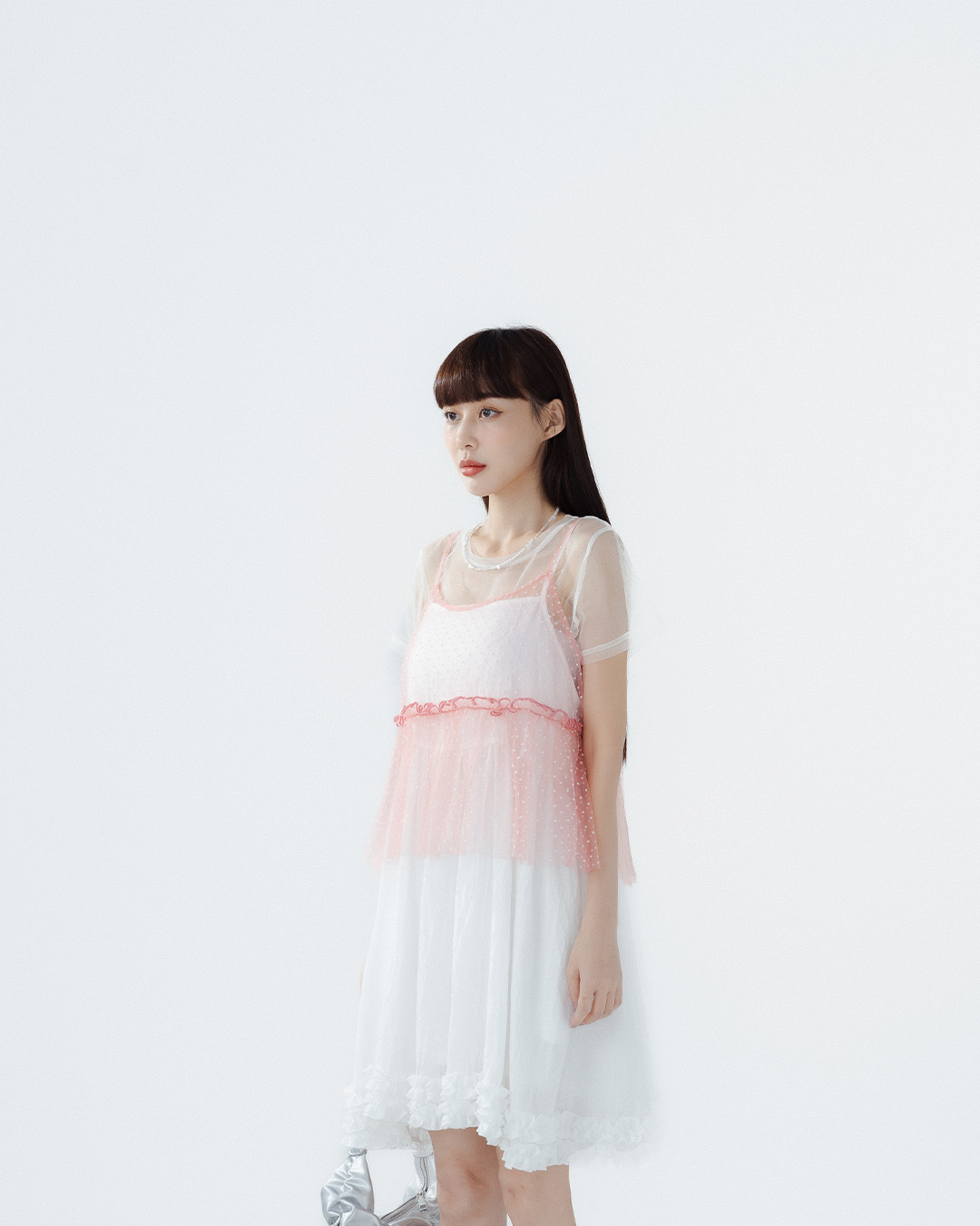 3D Flocked Dotted Ruffled Mesh Vest - PinkS/M【01099707】in stock+pre-order