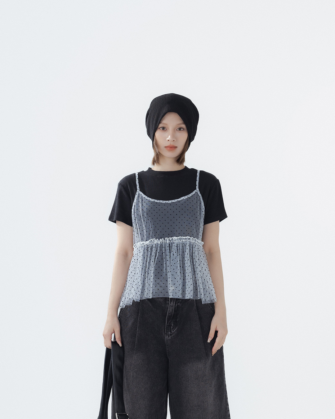 3D Flocked Dotted Ruffled Mesh Vest - WhiteS/M【01099706】in stock+pre-order