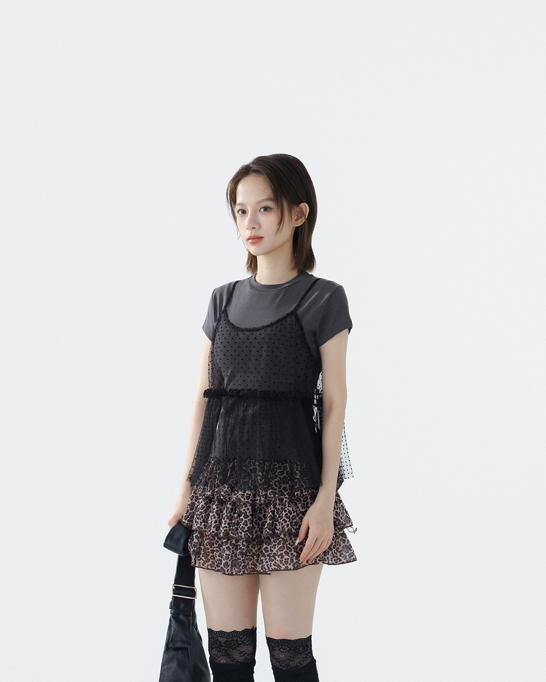 3D Flocked Dotted Ruffled Mesh Vest - Black S/M【01099705】in stock+pre-order