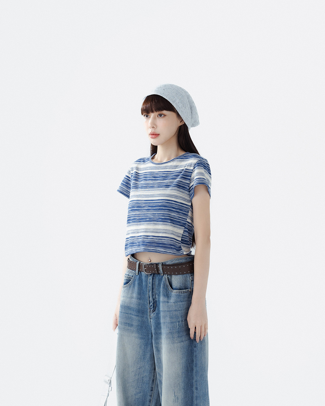 Striped cropped short-sleeved top in two colors【01099556】in stock+pre-order