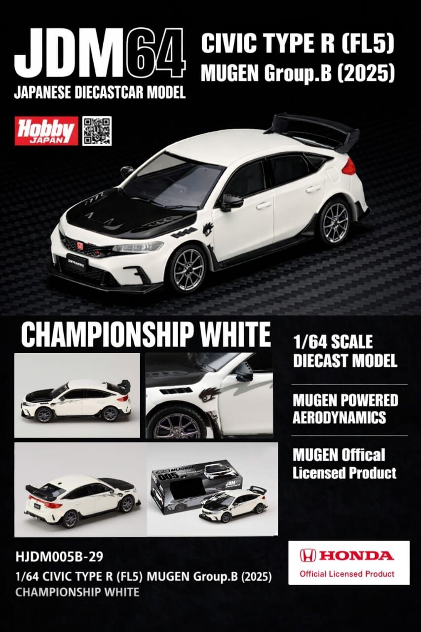 PO-$110 * JDM64 * 1:64 HONDA CIVIC TYPE R FL5 MUGEN GROUP.B 2025 CHAMPIONS WHITE