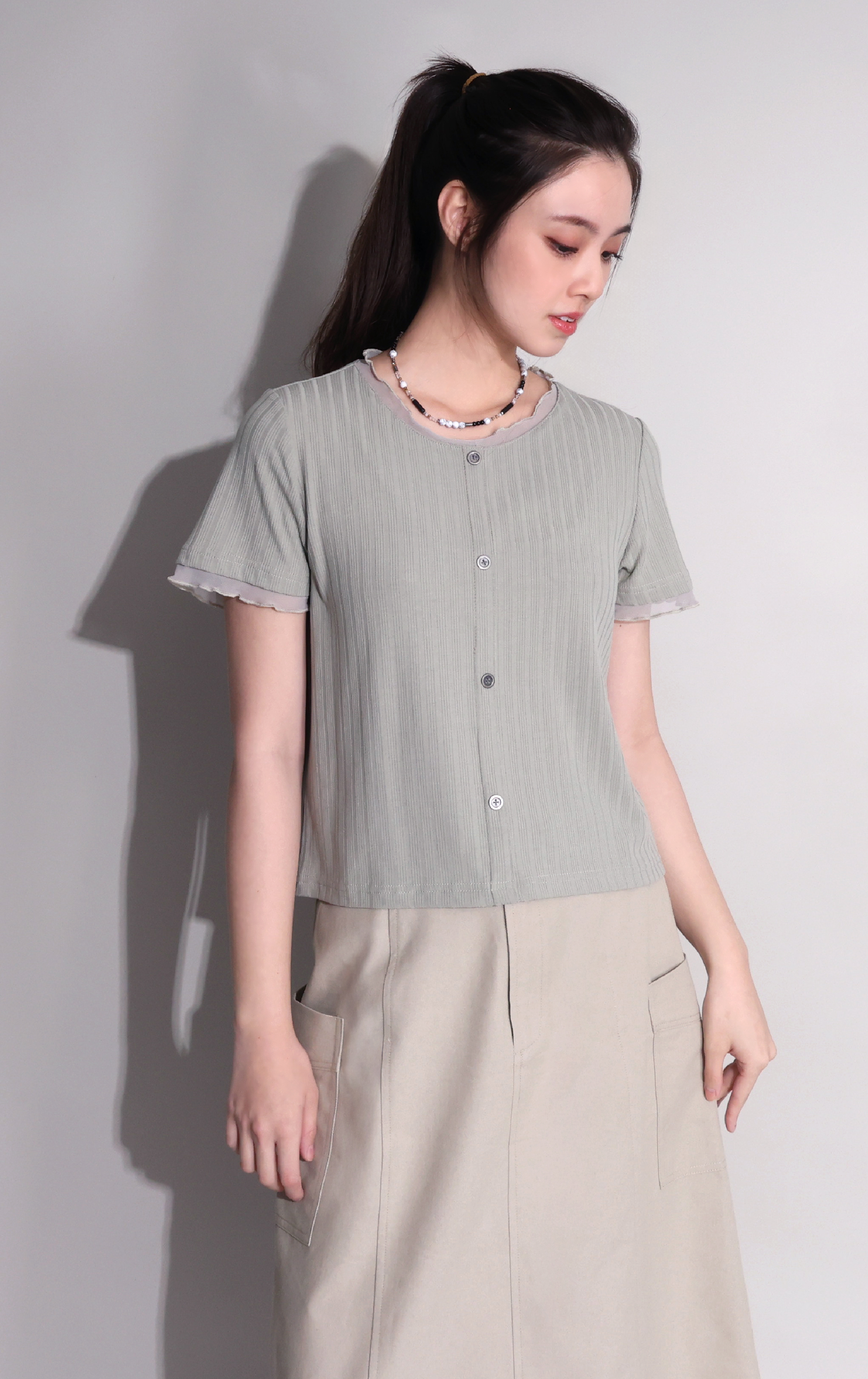 Ribbed Button-Up Top with Mesh Trim ST0438
