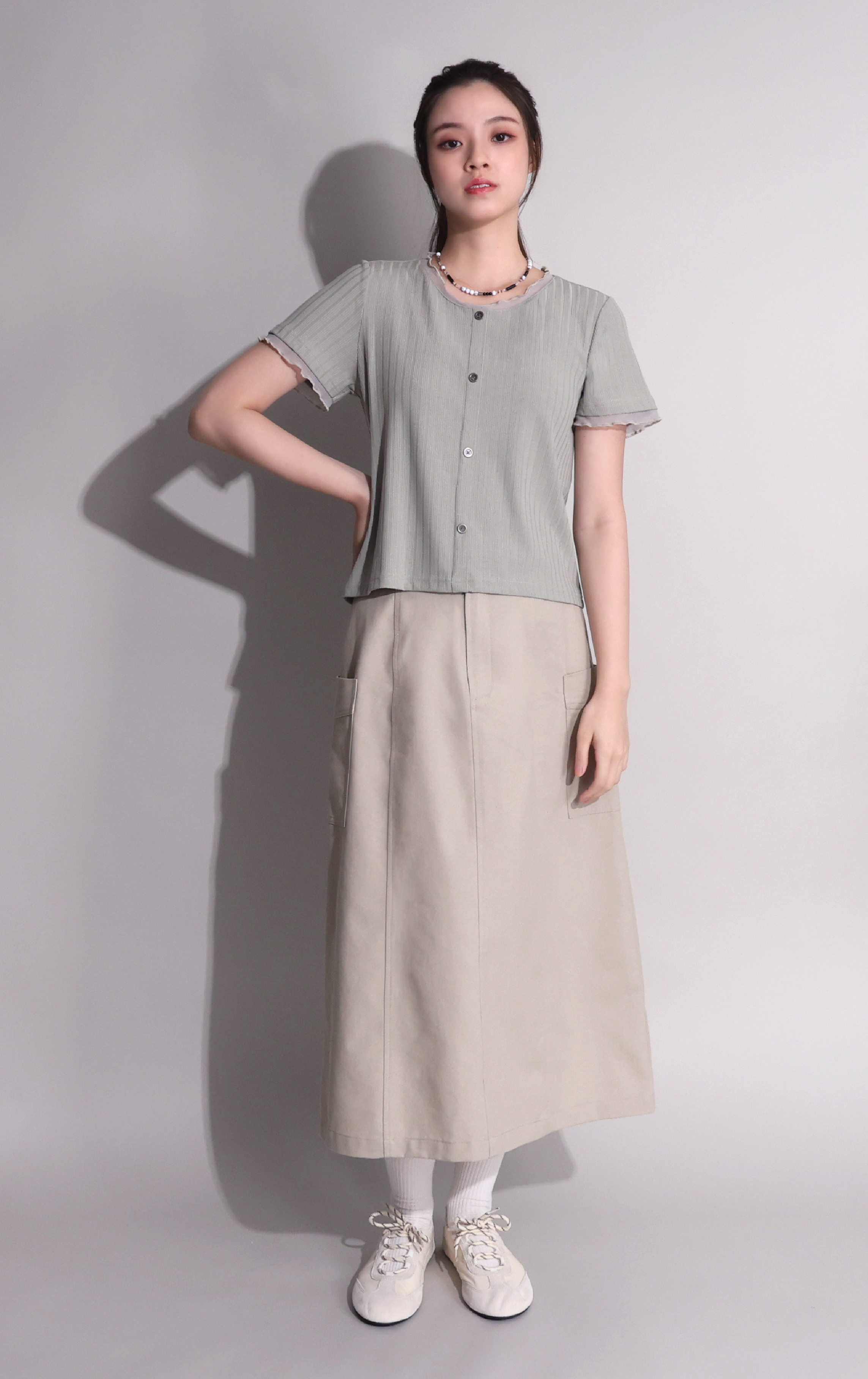 Ribbed Button-Up Top with Mesh Trim ST0438
