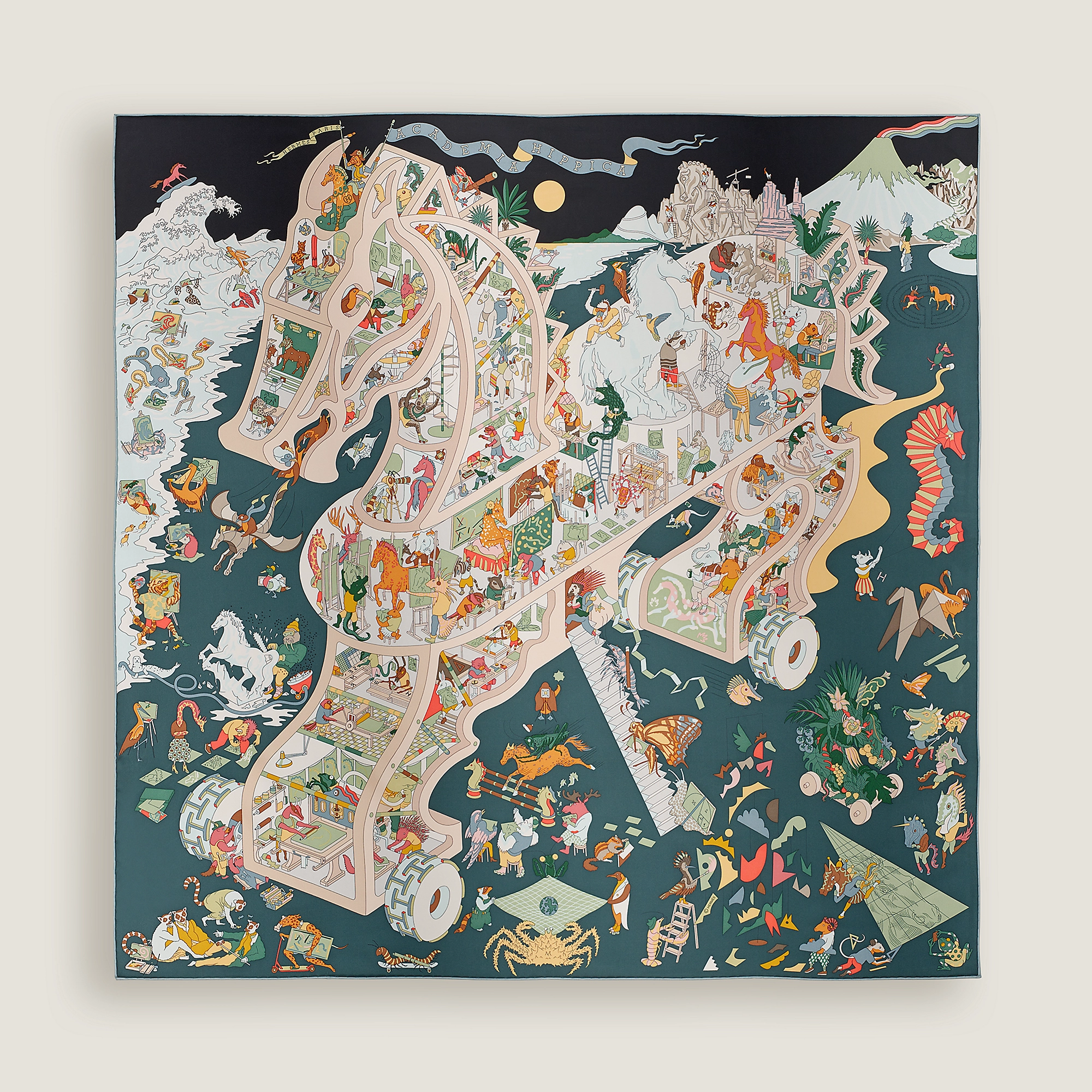 Hermes Academia Hippica scarf 90 Noir / Ardoise / Rose Poudre 黑色 / 石板灰 / 玫瑰色 粉杏色