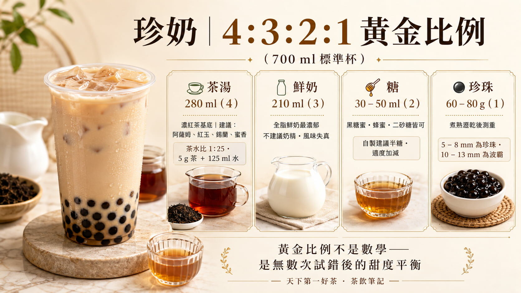 自製珍珠奶茶4:3:2:1黃金比例圖，茶湯280毫升、鮮奶210毫升、糖30至50毫升、珍珠60至80克