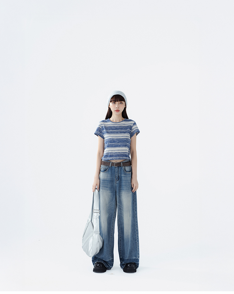 Striped cropped short-sleeved top in two colors【01099556】in stock+pre-order