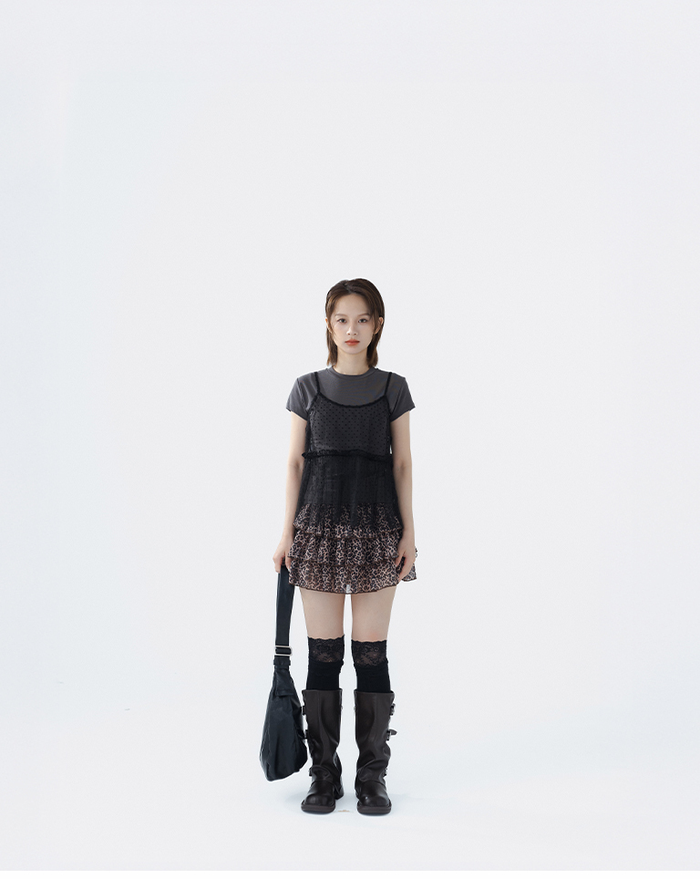 3D Flocked Dotted Ruffled Mesh Vest - Black S/M【01099705】in stock+pre-order