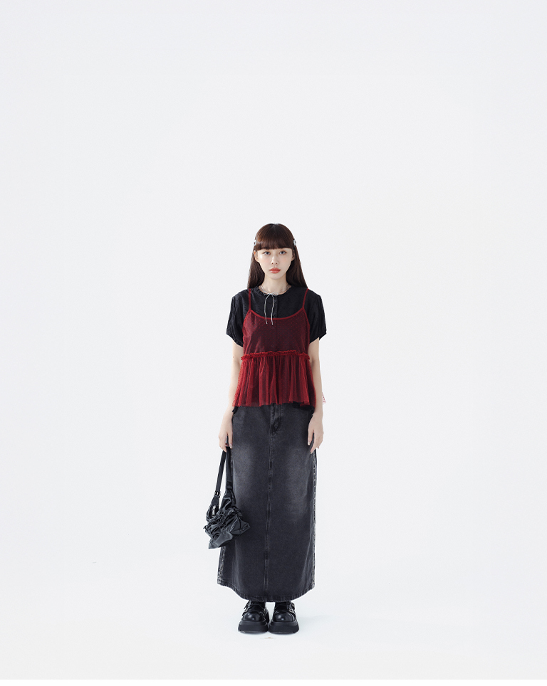 3D Flocked Dotted Ruffled Mesh Vest - Red S/M【01099708】in stock+pre-order