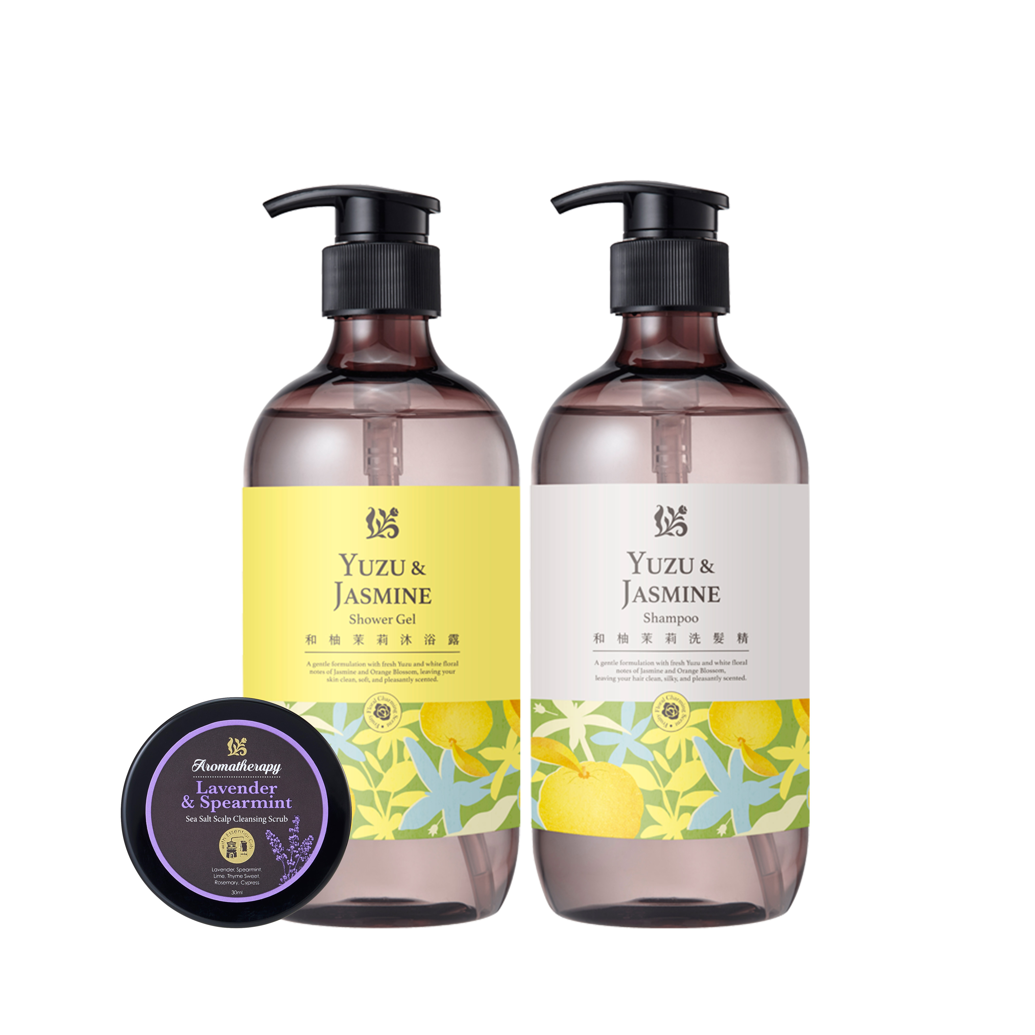 花植香氛沐浴組_和柚茉莉+薰衣草舒沁海鹽頭皮深層潔淨霜30ML (附提袋)