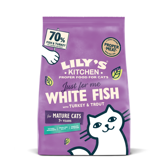[斷貨中] Lily's Kitchen – 無穀物乾糧配方 - 白魚佐火雞及鱒魚(老貓)專用餐 White Fish with Turkey and Trout for SENIOR (紫) 800g
