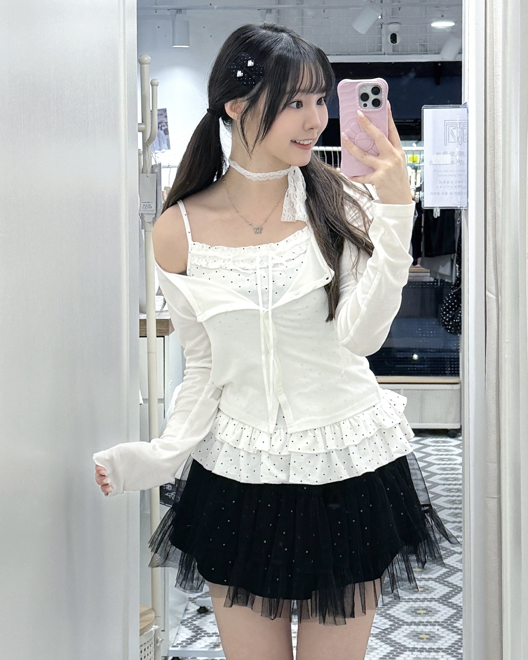 S0245｜波點荷葉邊吊帶＋罩衫外套連蕾絲頸帶SET ₊˚⊹♡