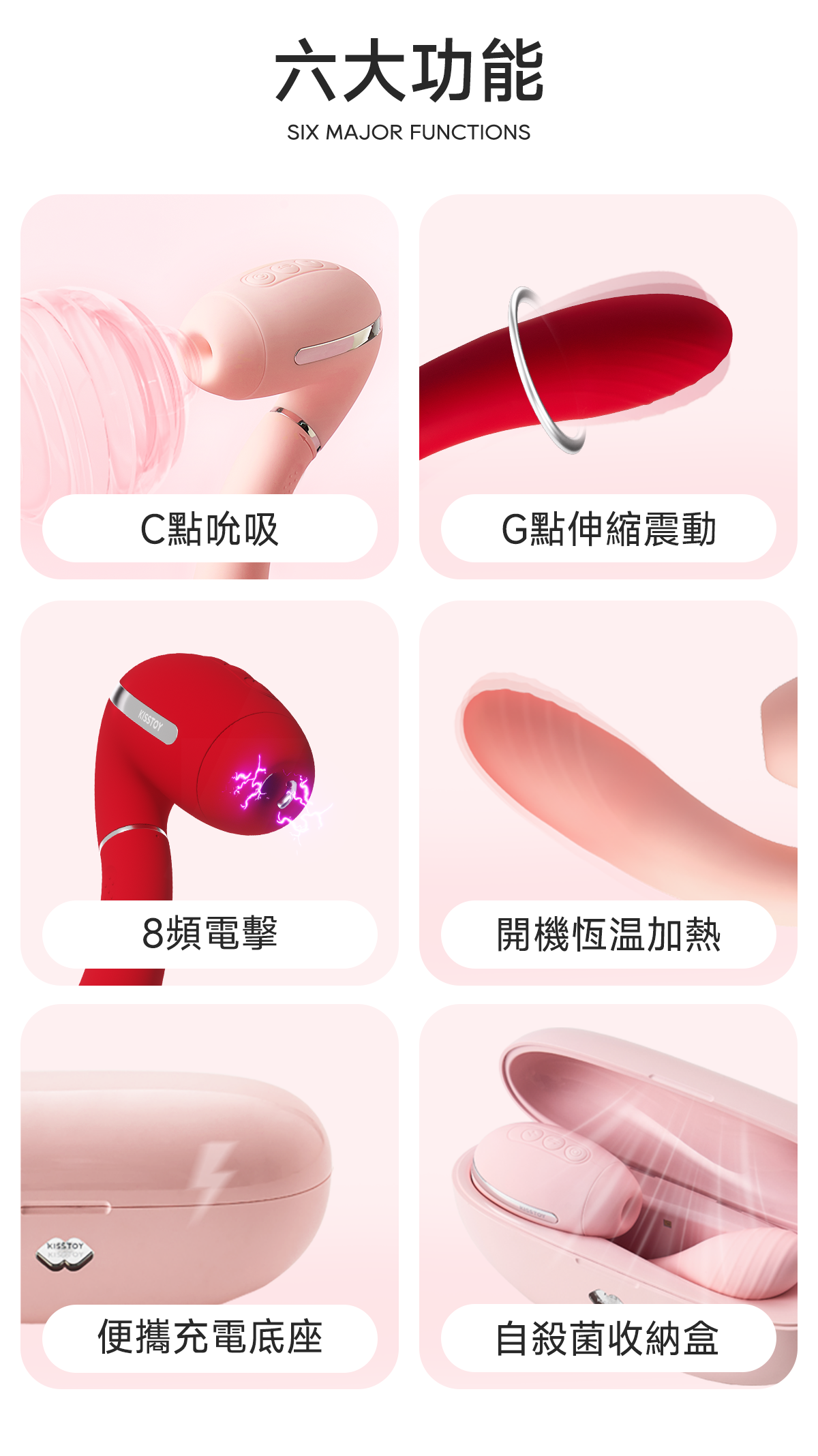 Kisstoy TINA3 旗艦級微電流吸啜按摩棒，完整展示六大核心功能圖示，包含吸啜、震動、電擊與專屬殺菌收納盒等旗艦配置。
