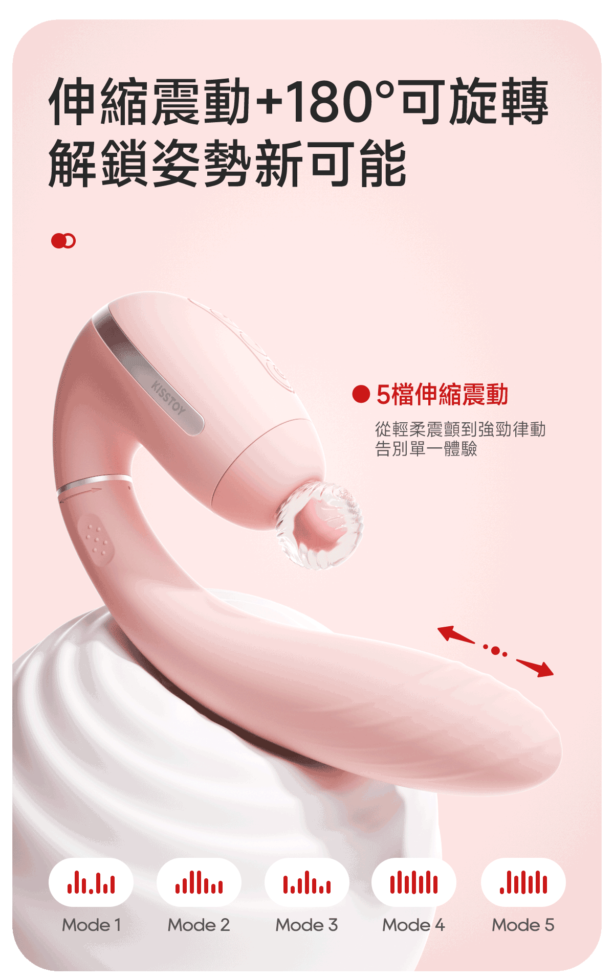 Kisstoy TINA3 旗艦級微電流吸啜按摩棒，粉色機身在純白奶油造景上，展示五檔強勁的伸縮抽插動態律動。