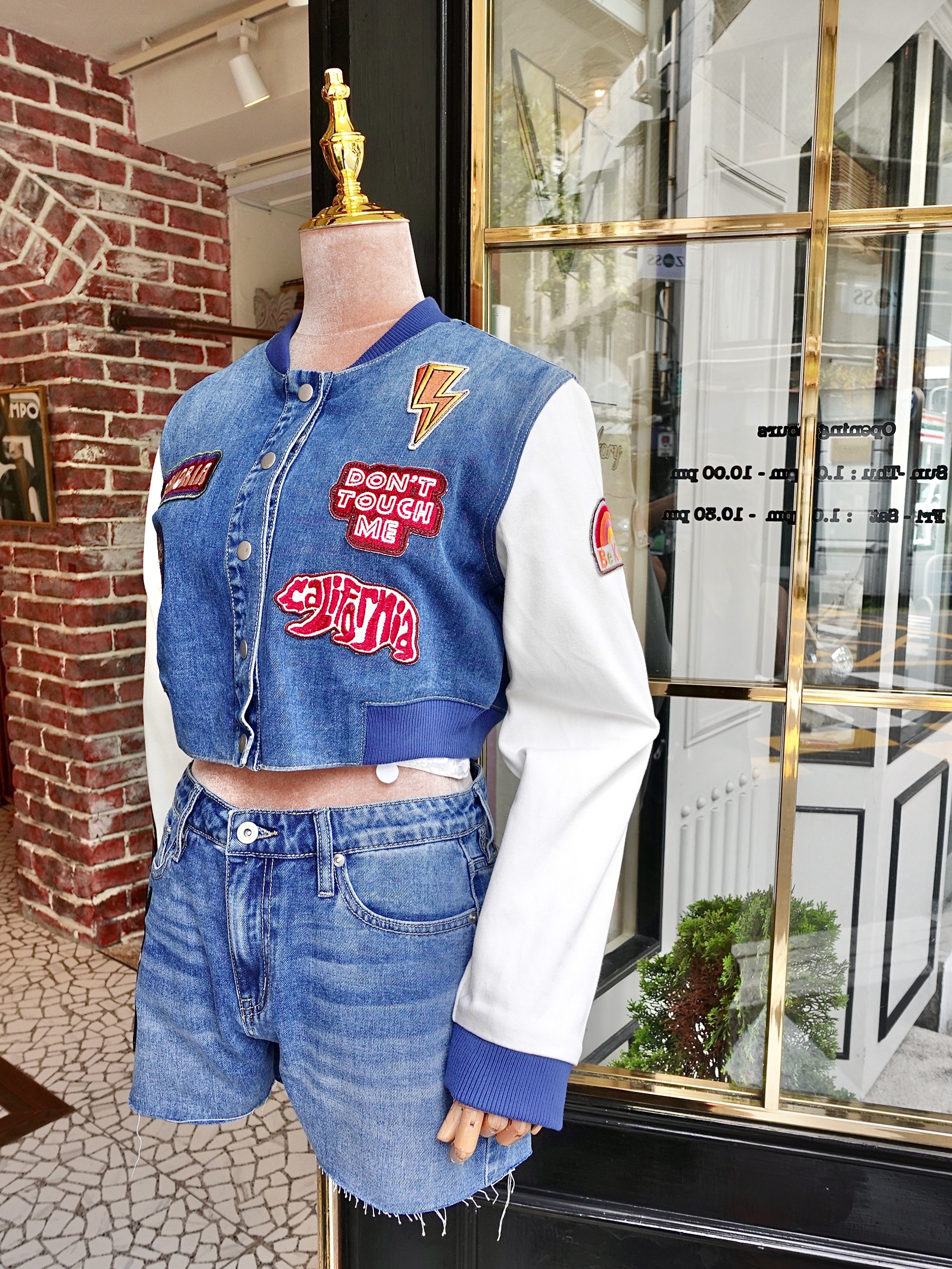 Denim State單寧藍色金洲可愛刺繡布拼接夾克外套