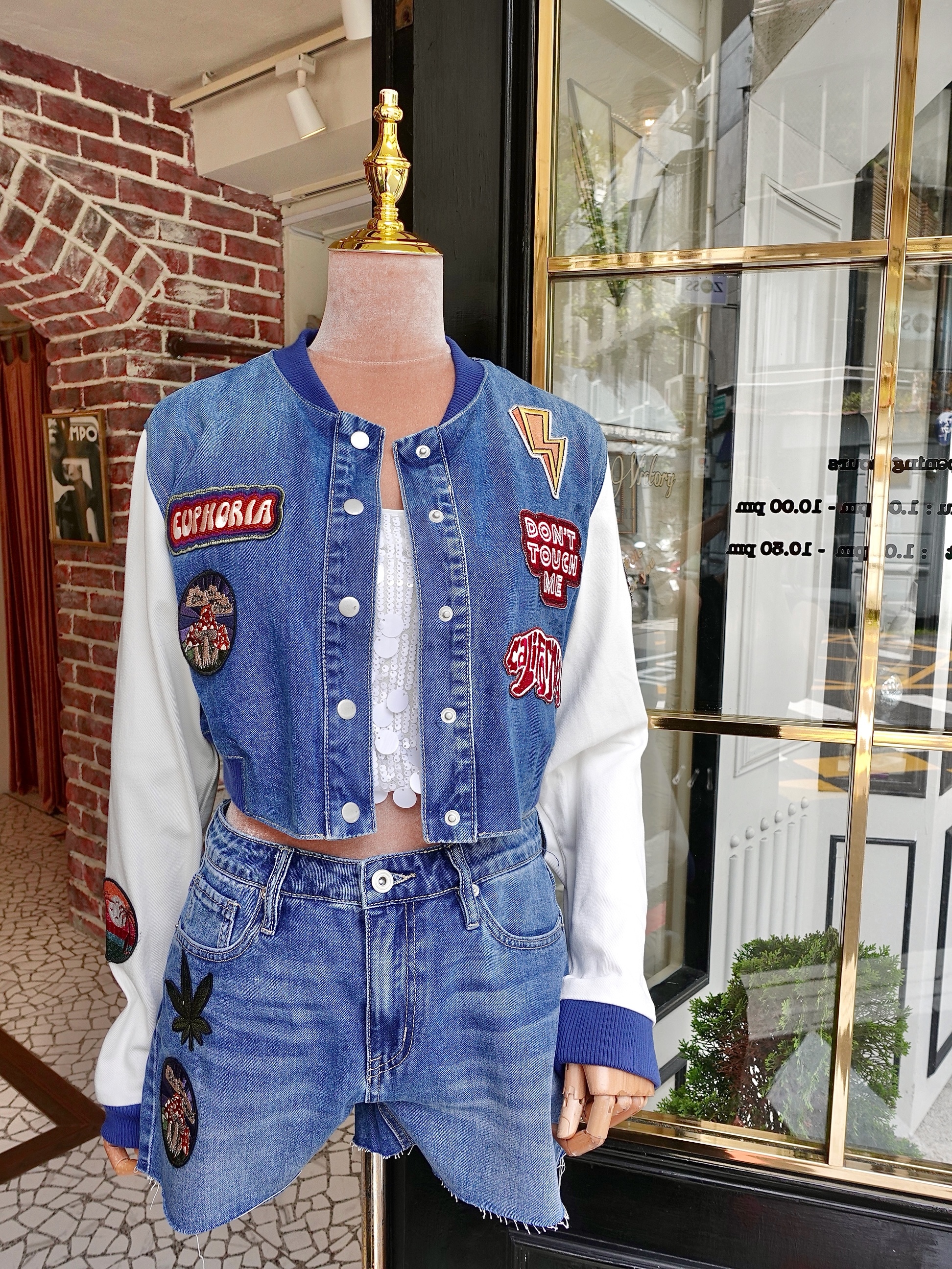 Denim State單寧藍色金洲可愛刺繡布拼接夾克外套