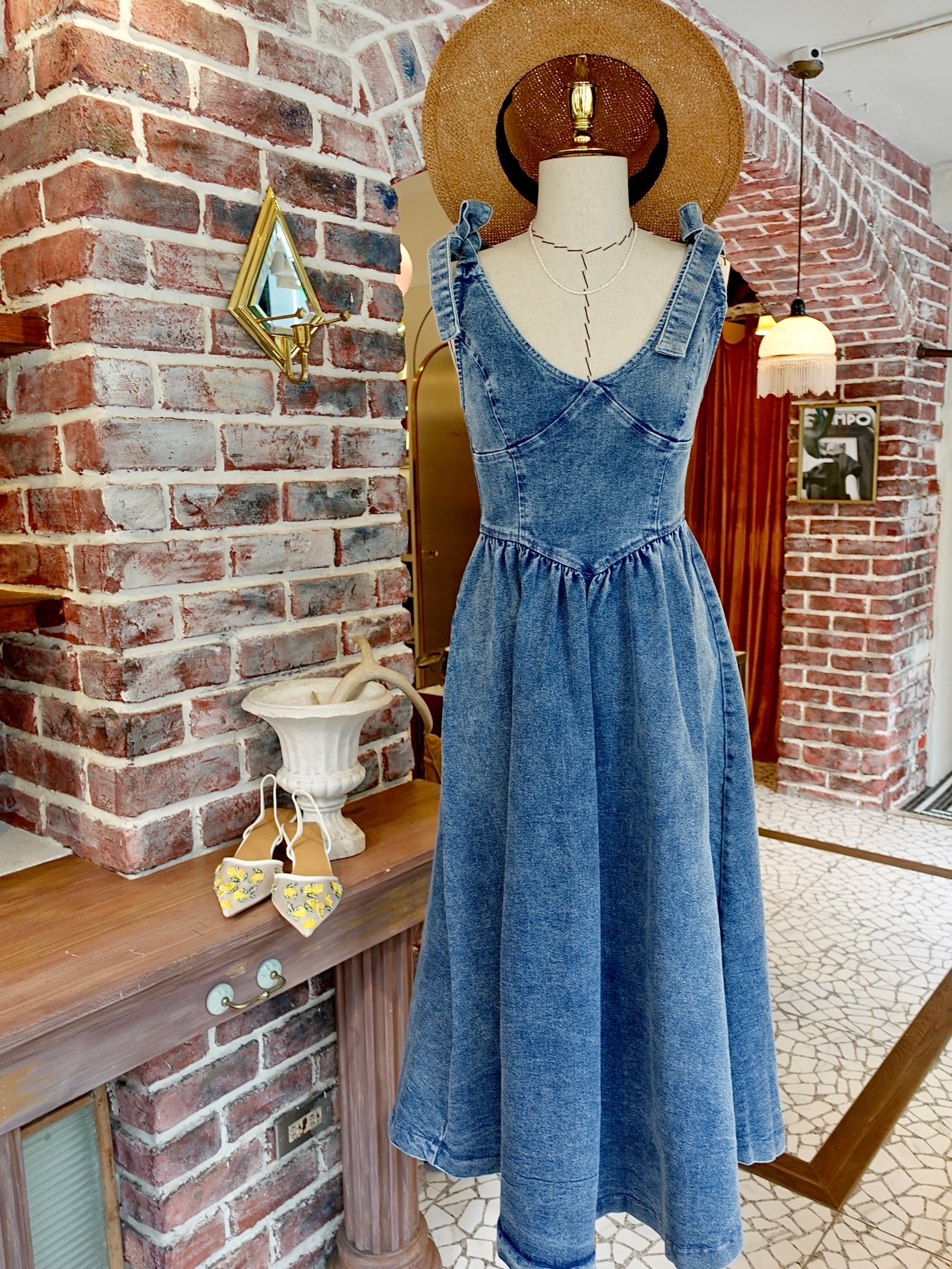 Denim Bow水洗藍色蝴蝶結丹寧馬甲Dress