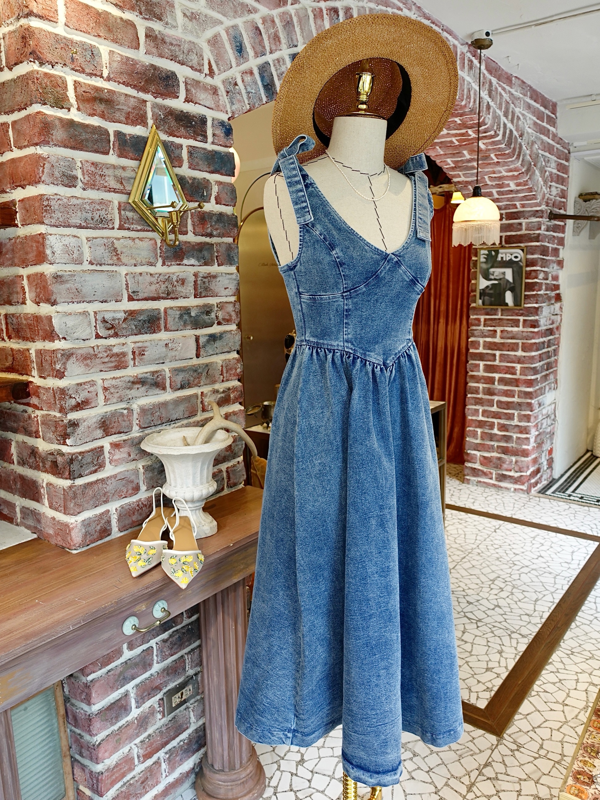 Denim Bow水洗藍色蝴蝶結丹寧馬甲Dress