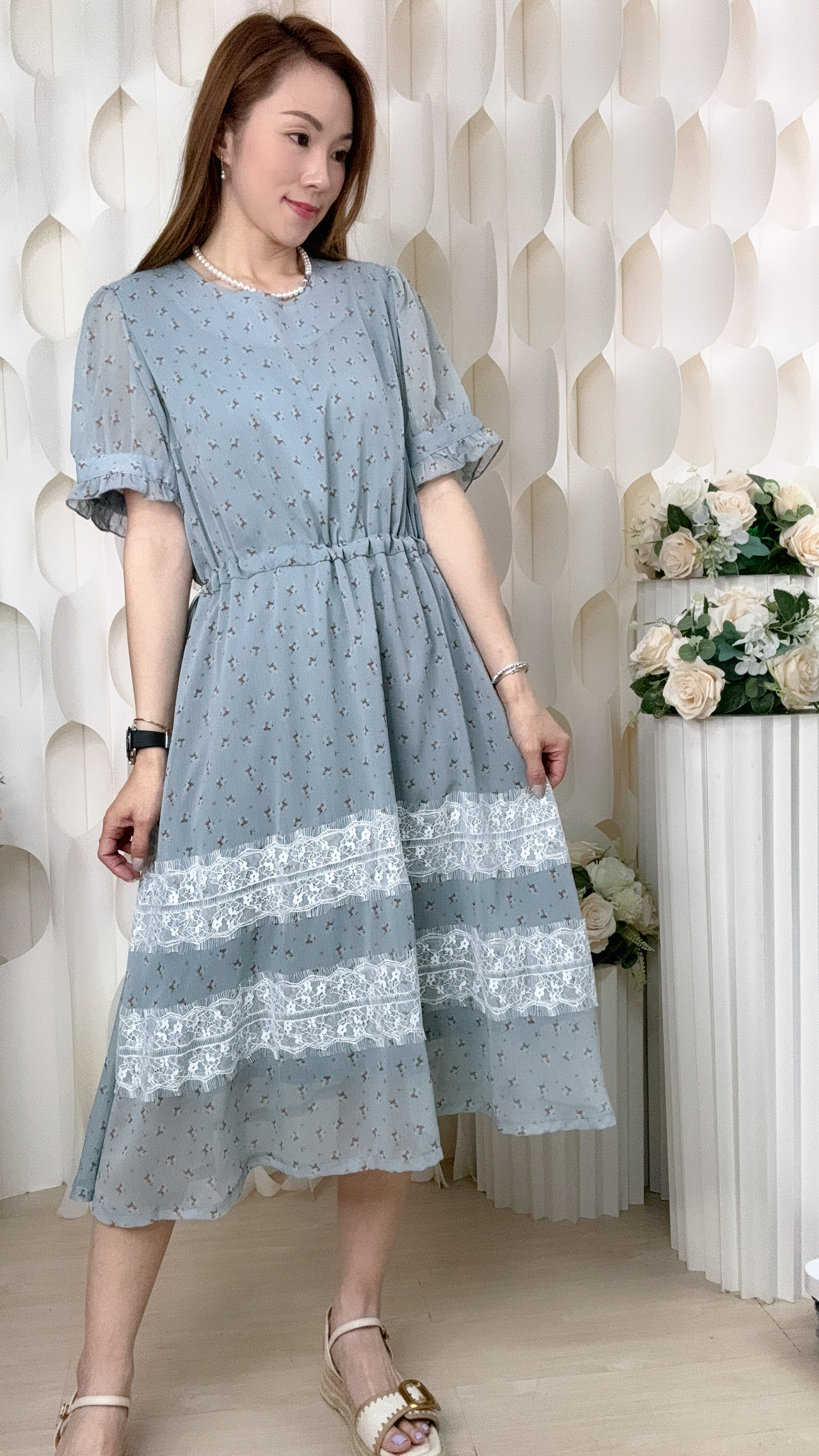 碎花蕾絲刺綉雪紡全身裙 (胸40 腰40 臀44 長41吋)  37088 #1905clo