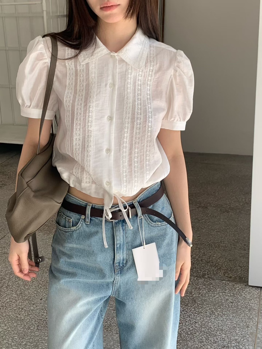 綁帶縮腰蕾絲襯衫