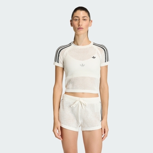 Adidas 愛迪達 Crochet Tee KE0200 女 休閒短袖 米 鉤織 短版