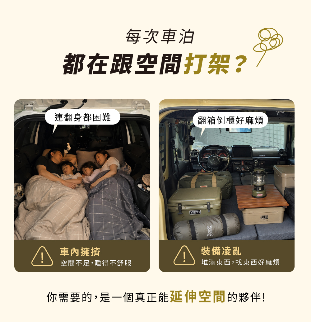 車泊空間不足與裝備凌亂情境比較圖 快搭車尾帳延伸休息空間