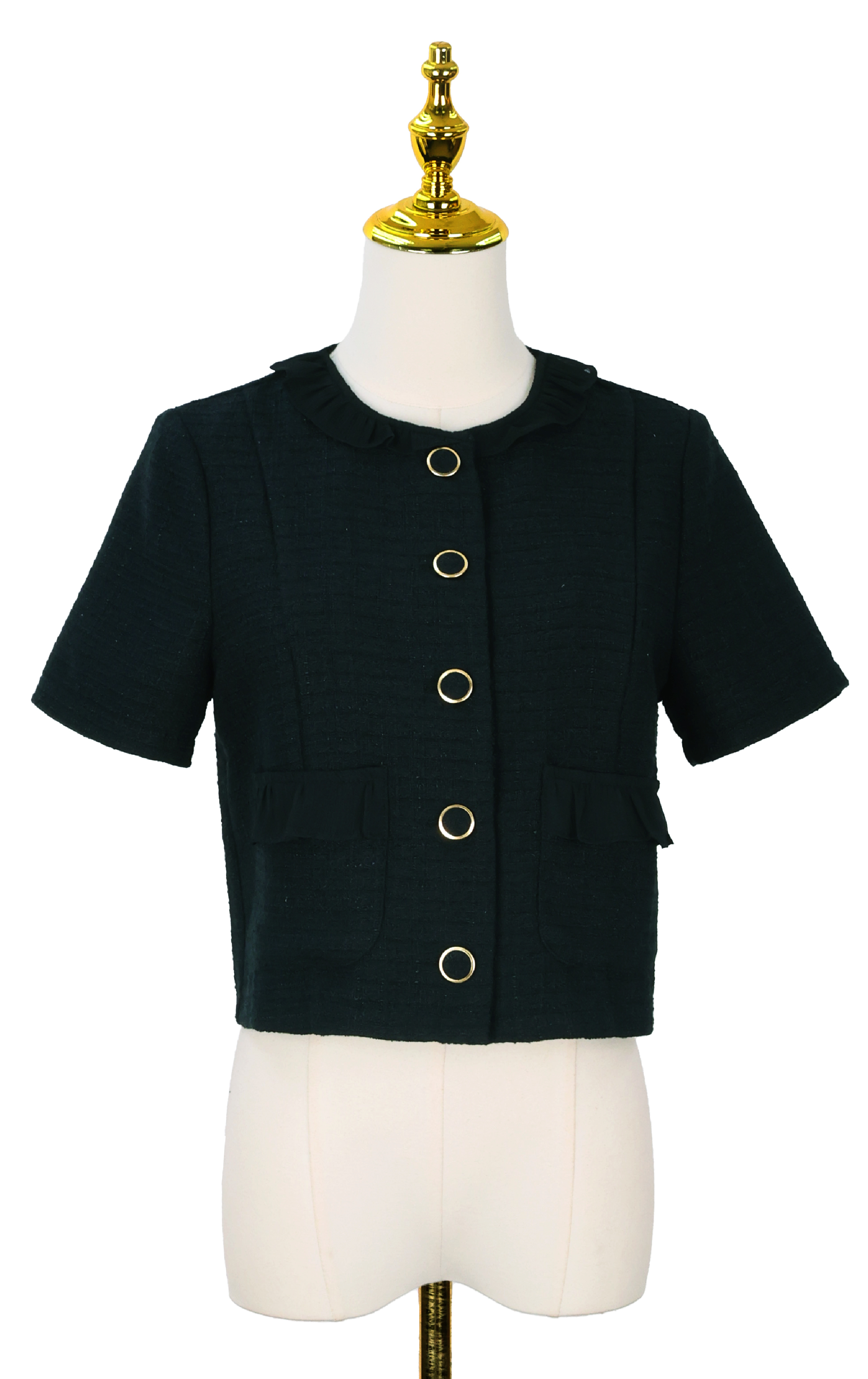Crewneck Lettuce-Trim Tweed Jacket with Gold Buttons JK0963