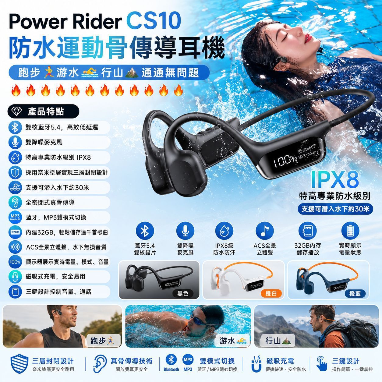 Power Rider CS10 防水運動骨傳導耳機 T243 （2-3星期寄出）