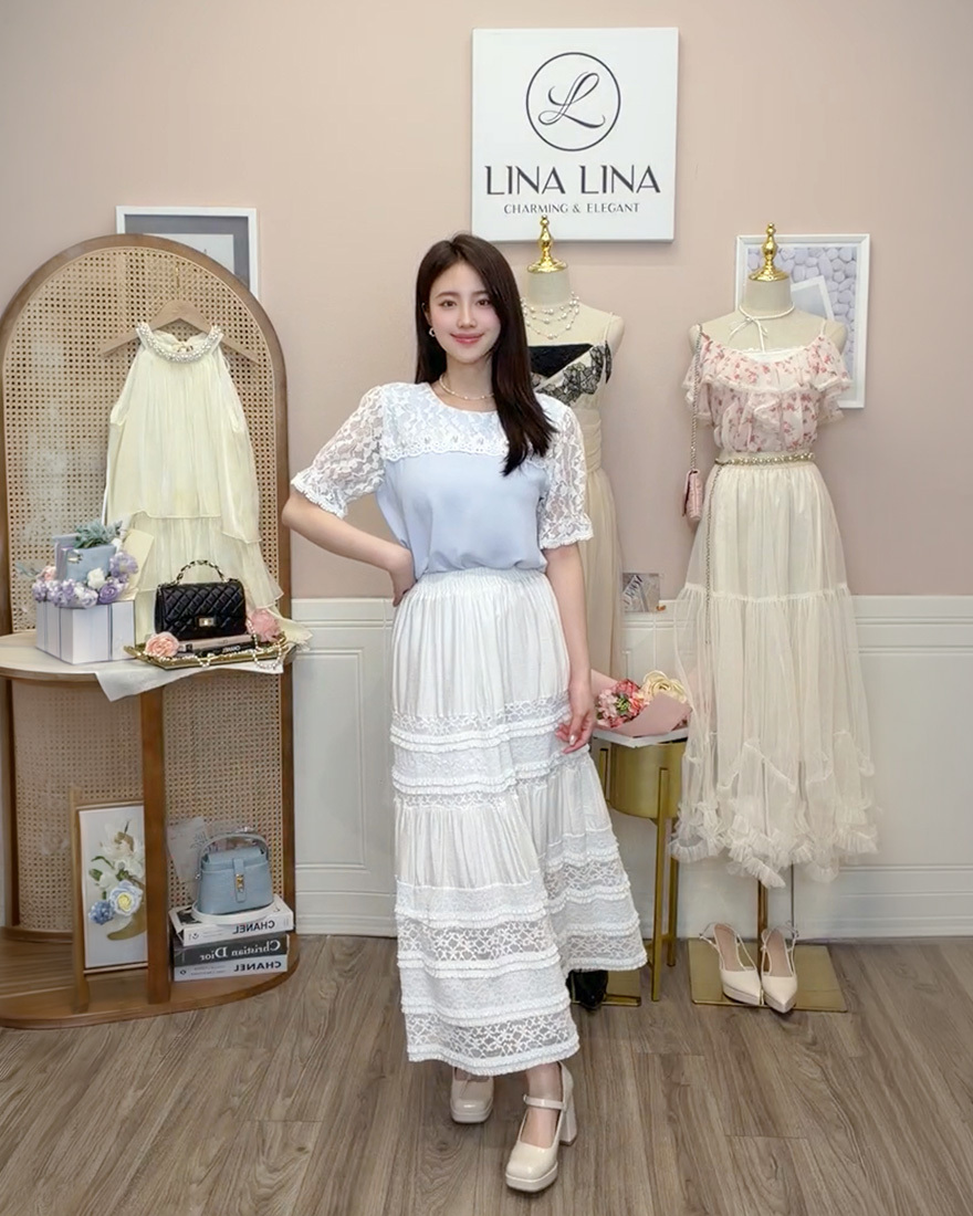 LINA LINA氣質詩箋珍珠緹花蕾絲拼接上衣-高雅藍
