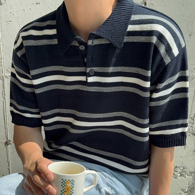 韓系輕熟男，約會條紋針織polo衫
