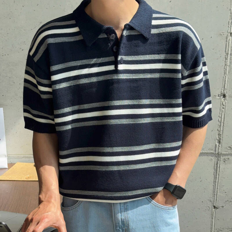 韓系輕熟男，約會條紋針織polo衫