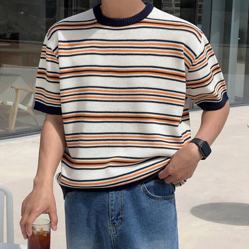 韓系乾淨男大生，撞色條紋針織短袖T-Shirt