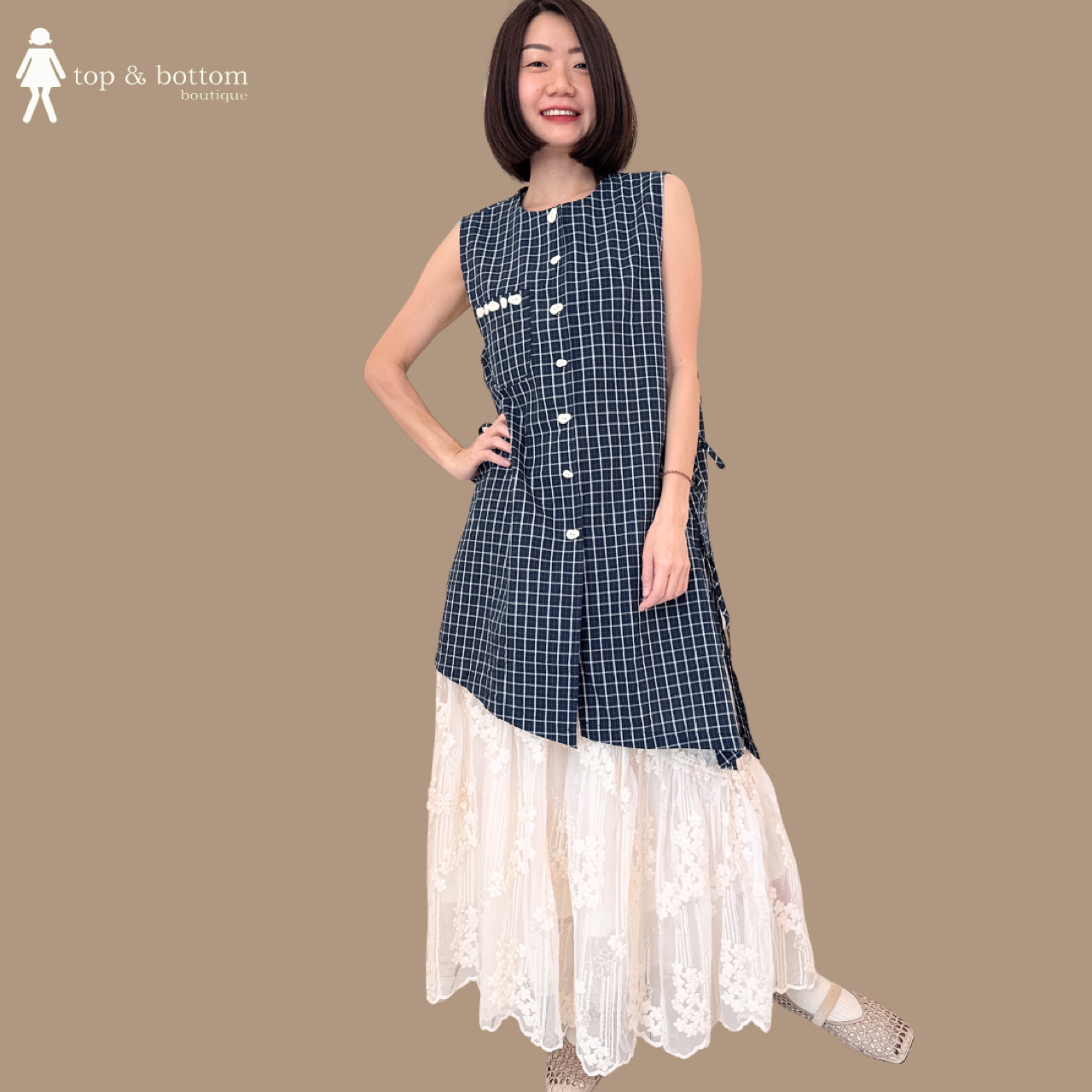 SLEEVELESS CHECKED COTTON LONG BLOUSE