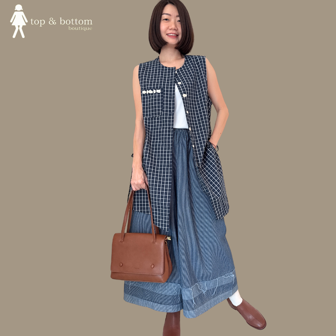 SLEEVELESS CHECKED COTTON LONG BLOUSE