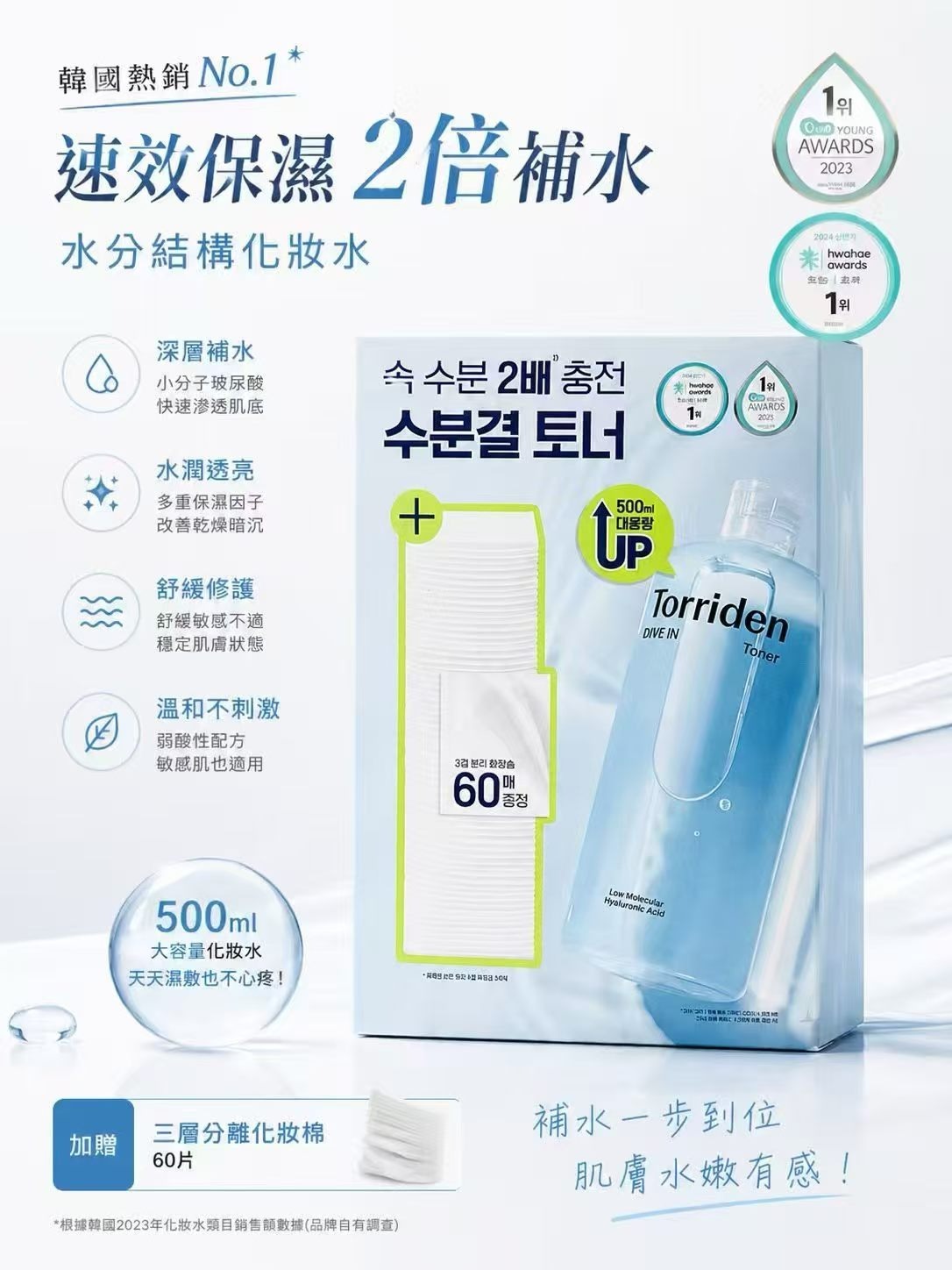 Torriden 低份子玻尿酸爽膚水 500ML  T249 (+Cotton Pad 60P)（2-3星期寄出）