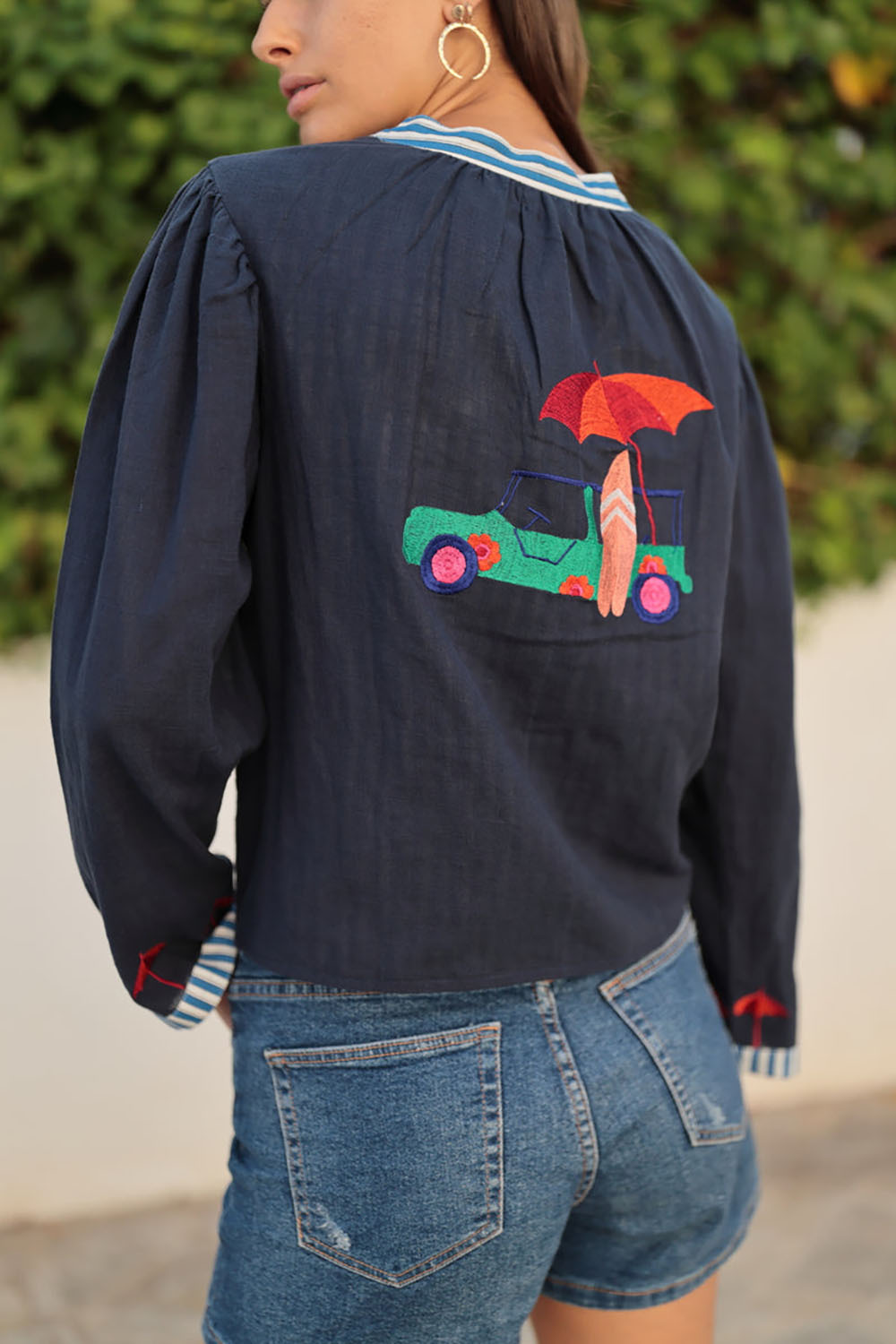 刺繡條紋飾邊純棉外套