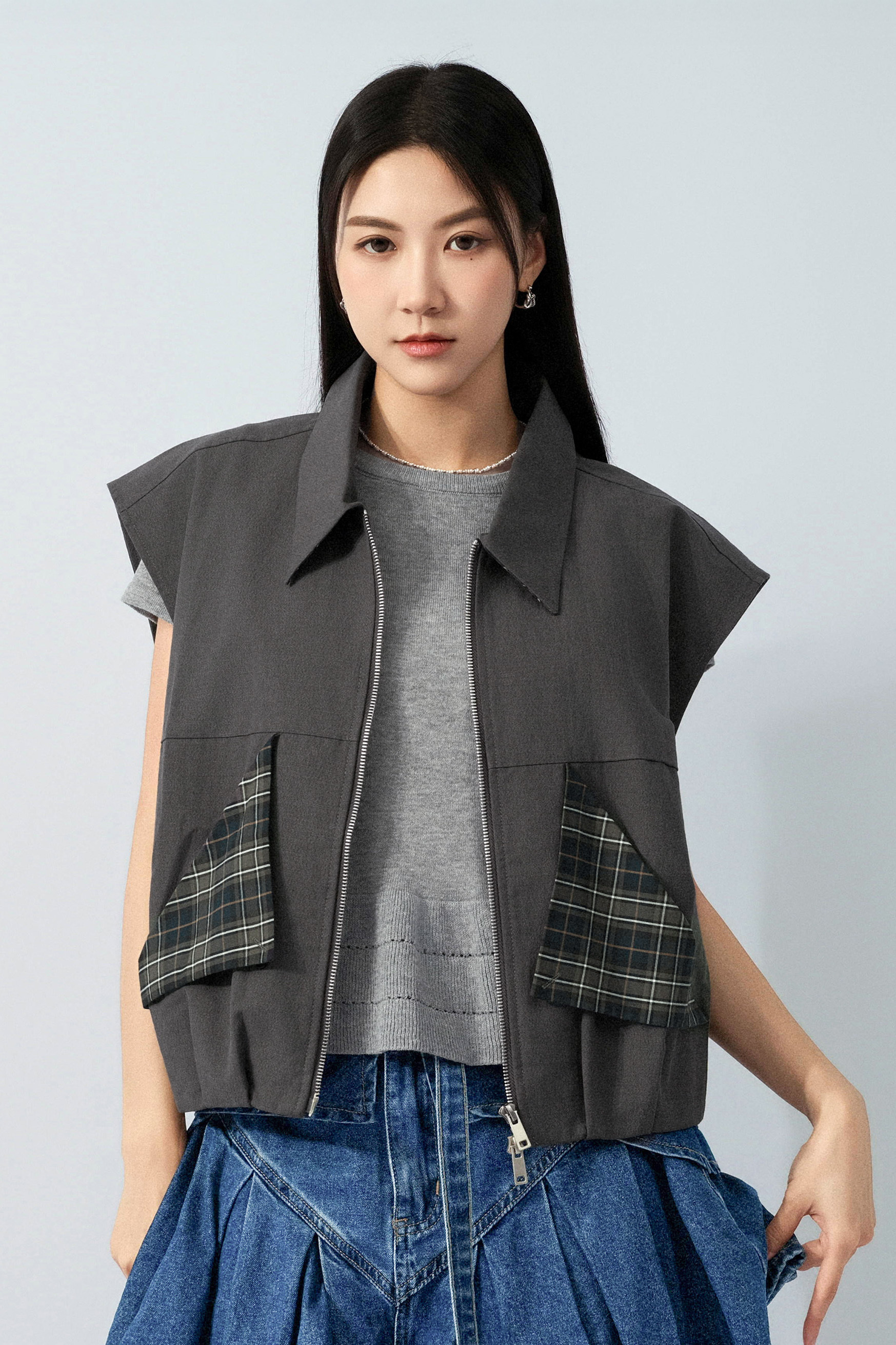 格仔拼布拉鏈背心外套 (預購產品）