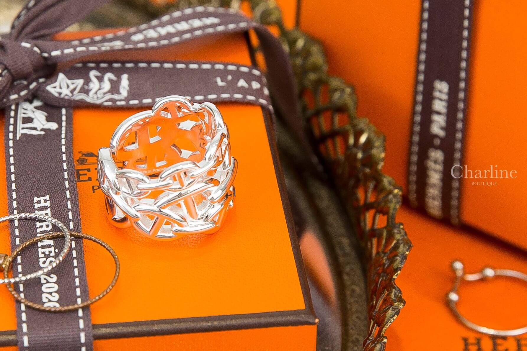 Hermès Chaine D'ancre Enchainee Ring, Large Model 銀色大型三層θ銀飾開口戒指-Charline Boutique 精品代購