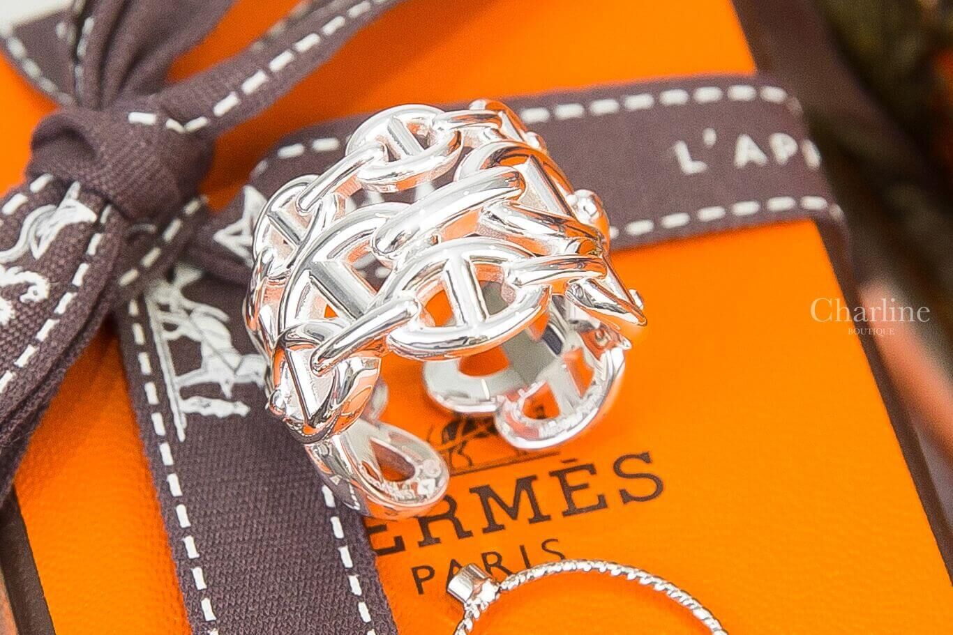 Hermès Chaine D'ancre Enchainee Ring, Large Model 銀色大型三層θ銀飾開口戒指