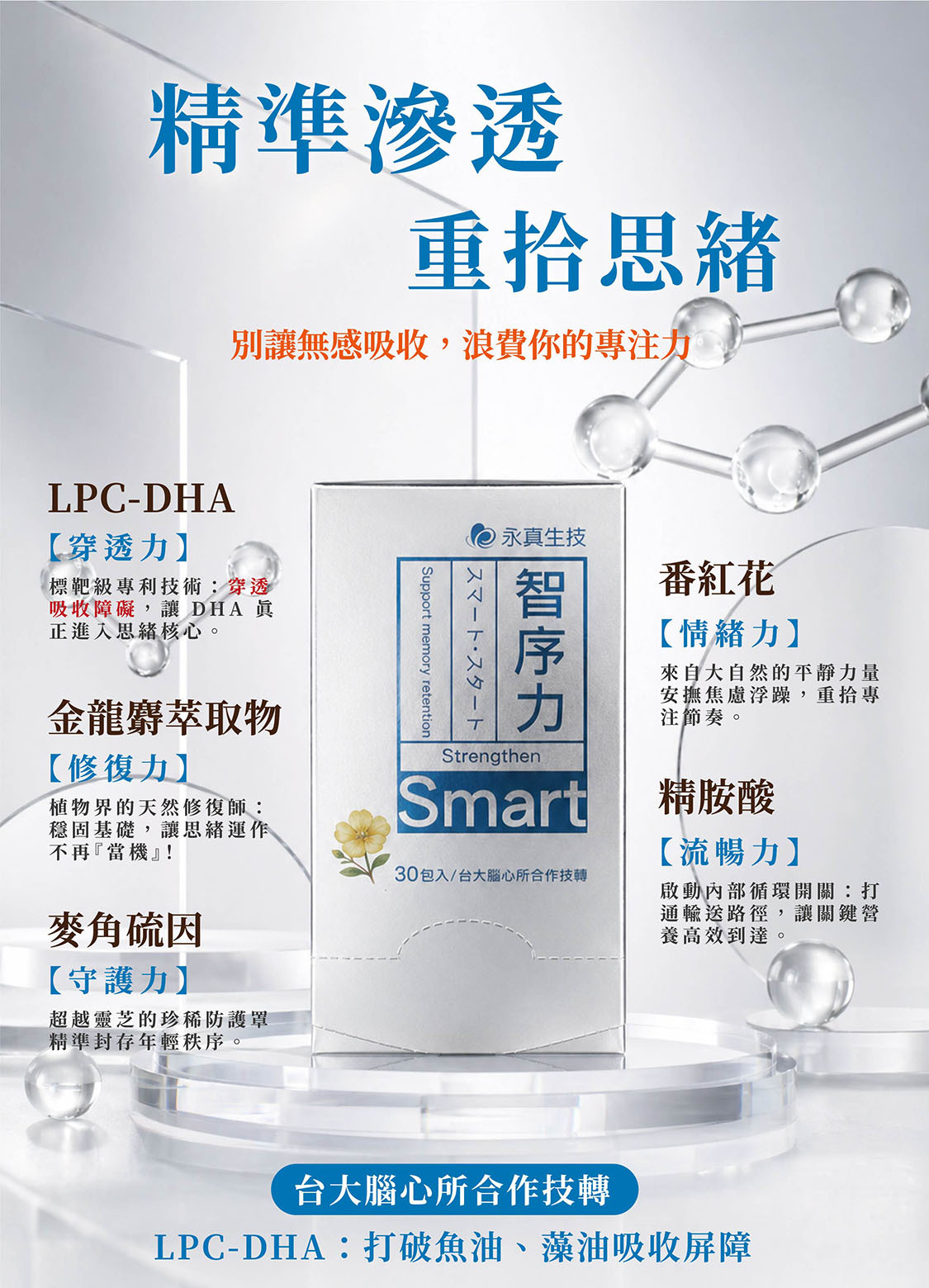 智序力5大黃金配方,台大腦心所合作技轉,LPC-DHA協同金龍麝、麥角硫因、番紅花與精胺酸,打破魚油、藻油吸收屏障,精準滲透,直達大腦