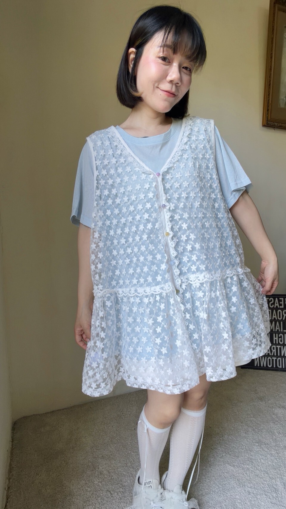 小花罩衫＋藍色上衣套裝(此款可以穿到2XL)