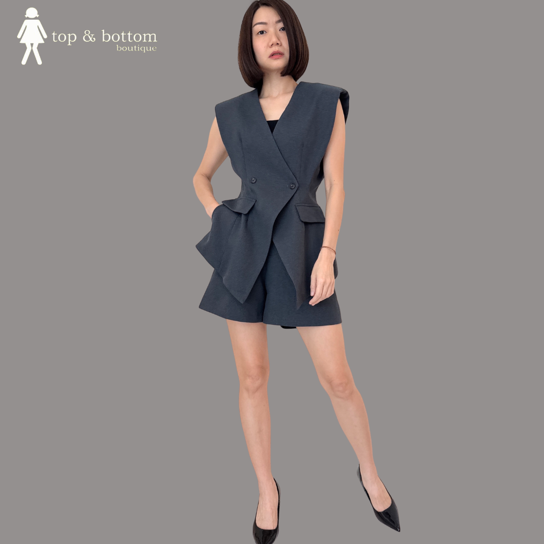 SOLID LONG VEST & HIGH WAISTED SHORTS SET SUIT ( 2 ITEMS)