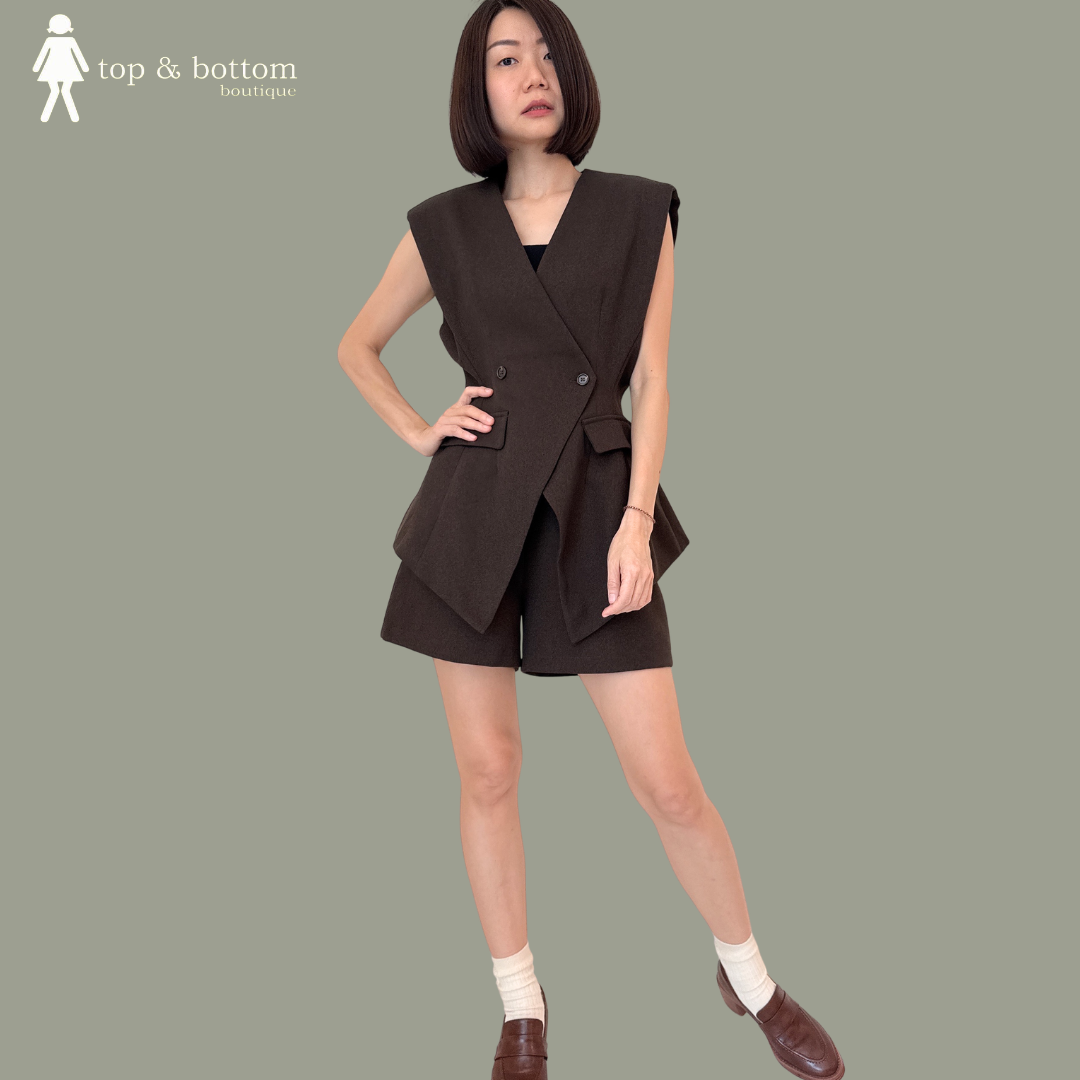 SOLID LONG VEST & HIGH WAISTED SHORTS SET SUIT ( 2 ITEMS)